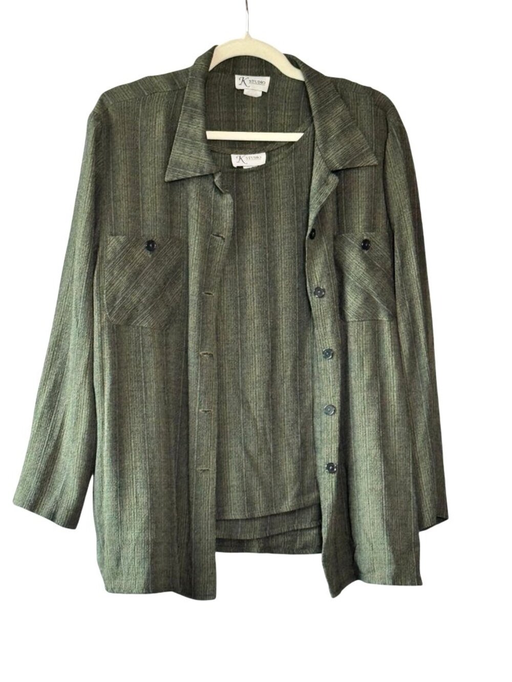 Vintage K Studio Olive Green Textured Shirt and Tank Set Size 14